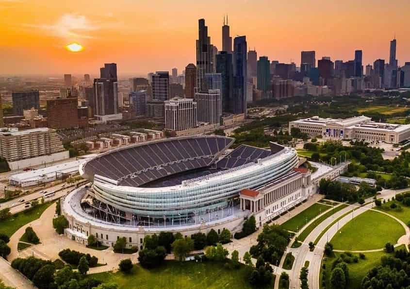 Soldier Field Stadium, Aerial View. Chicago Fire Stadium.